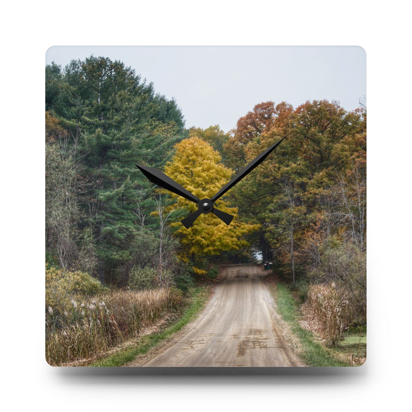 U R There Photography Country Roads in Dryden I Rustic Farmhouse Acrylic Analog Wall Clock