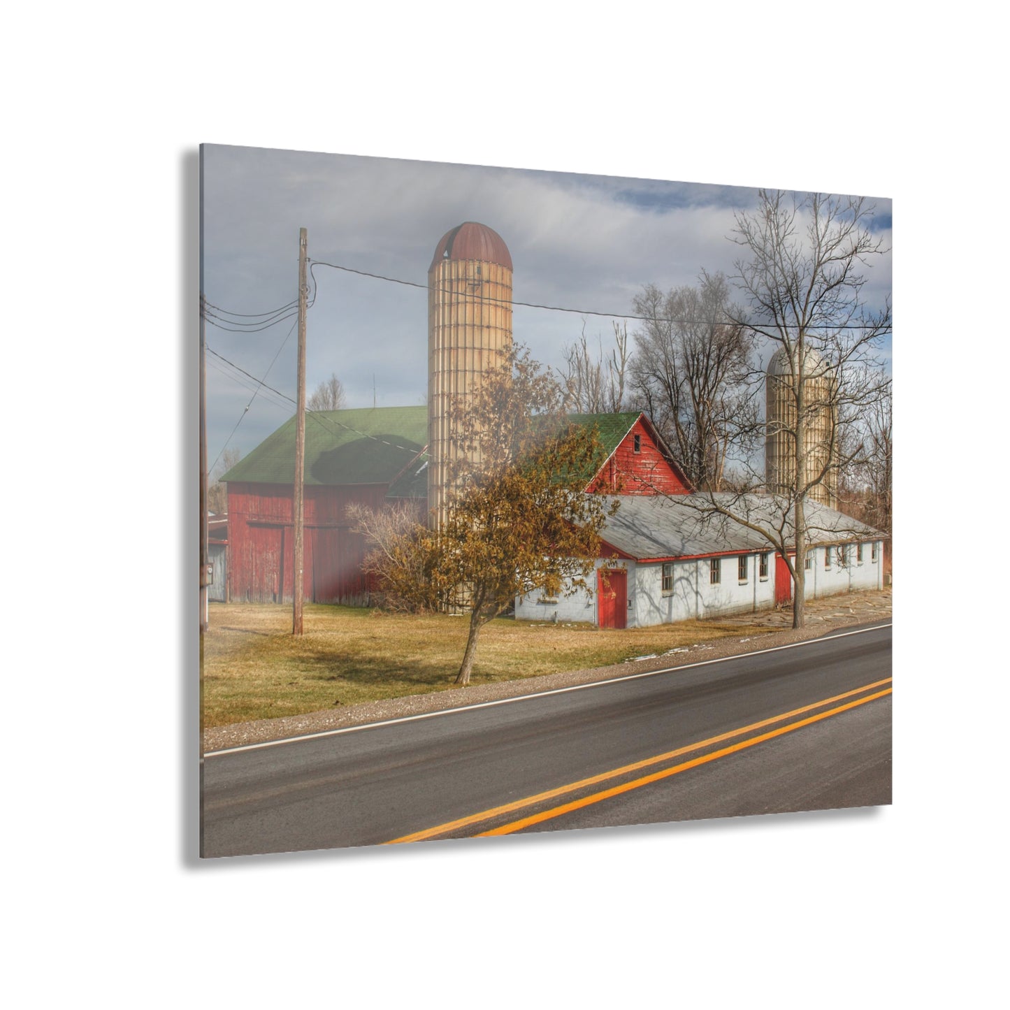 U R There Photography Newark Road Red and Silos III Rustic Farmhouse Acrylic Wall Print