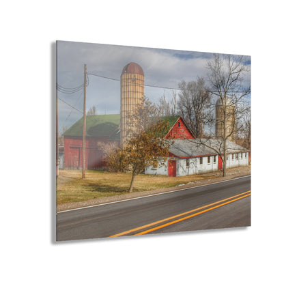 U R There Photography Newark Road Red and Silos III Rustic Farmhouse Acrylic Wall Print