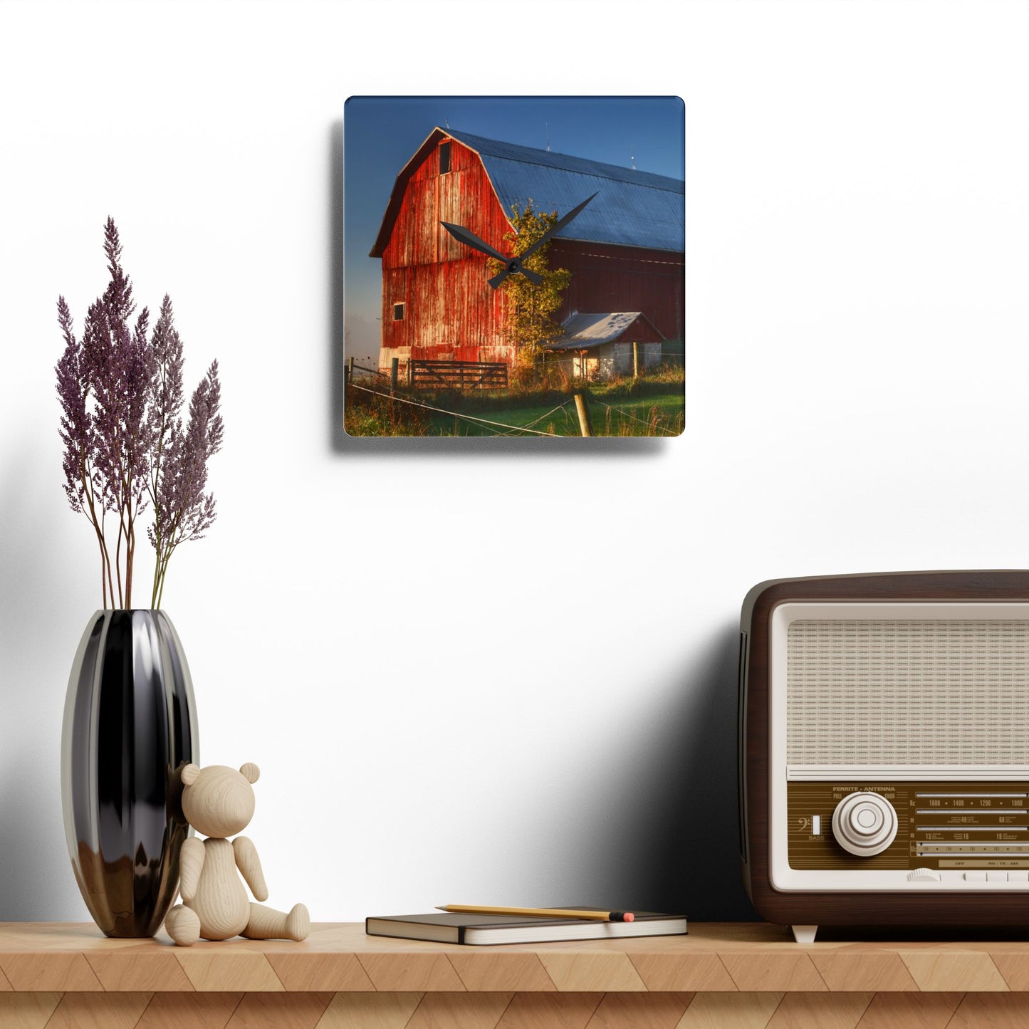 U R There Photography Columbiaville Red III Rustic Farmhouse Acrylic Analog Wall Clock