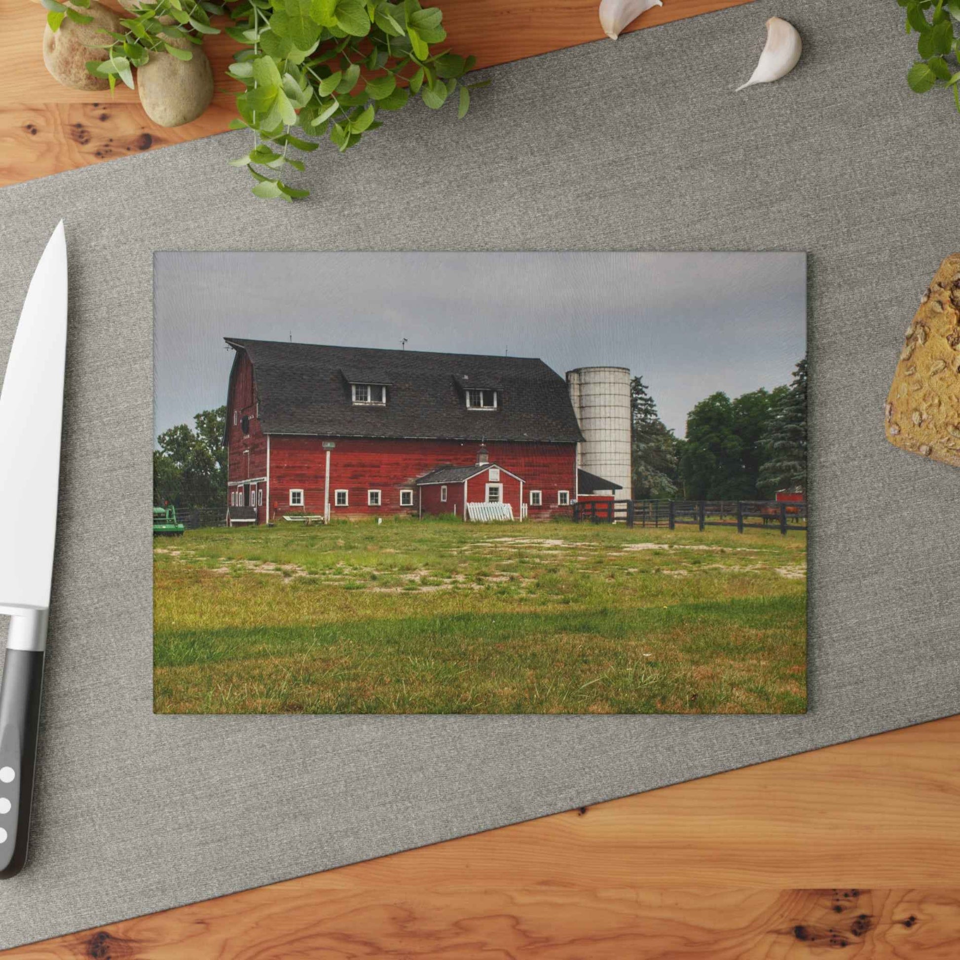 U R There Photography Oxford Old Red and Silo Rustic Farmhouse Tempered-Glass Cutting Board