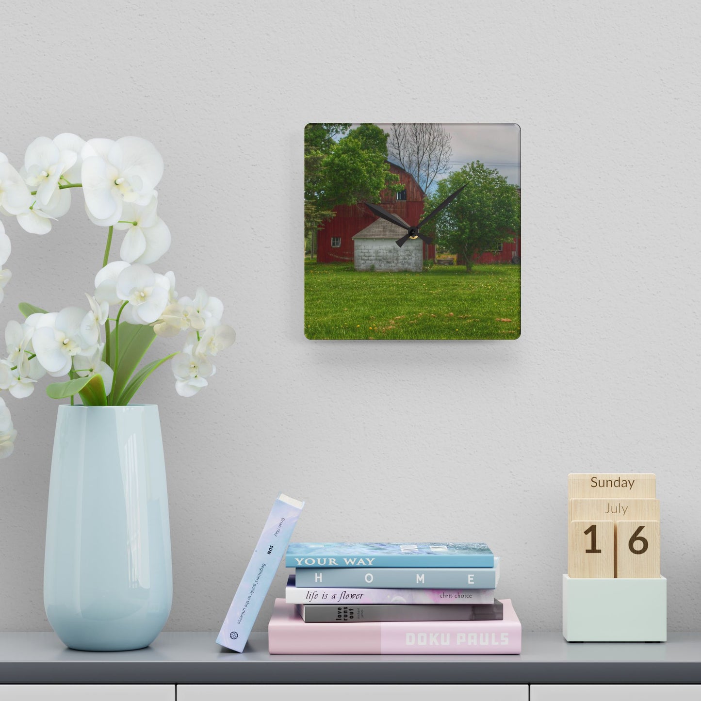 U R There Photography Roods Lake Road Red I Rustic Farmhouse Acrylic Analog Wall Clock