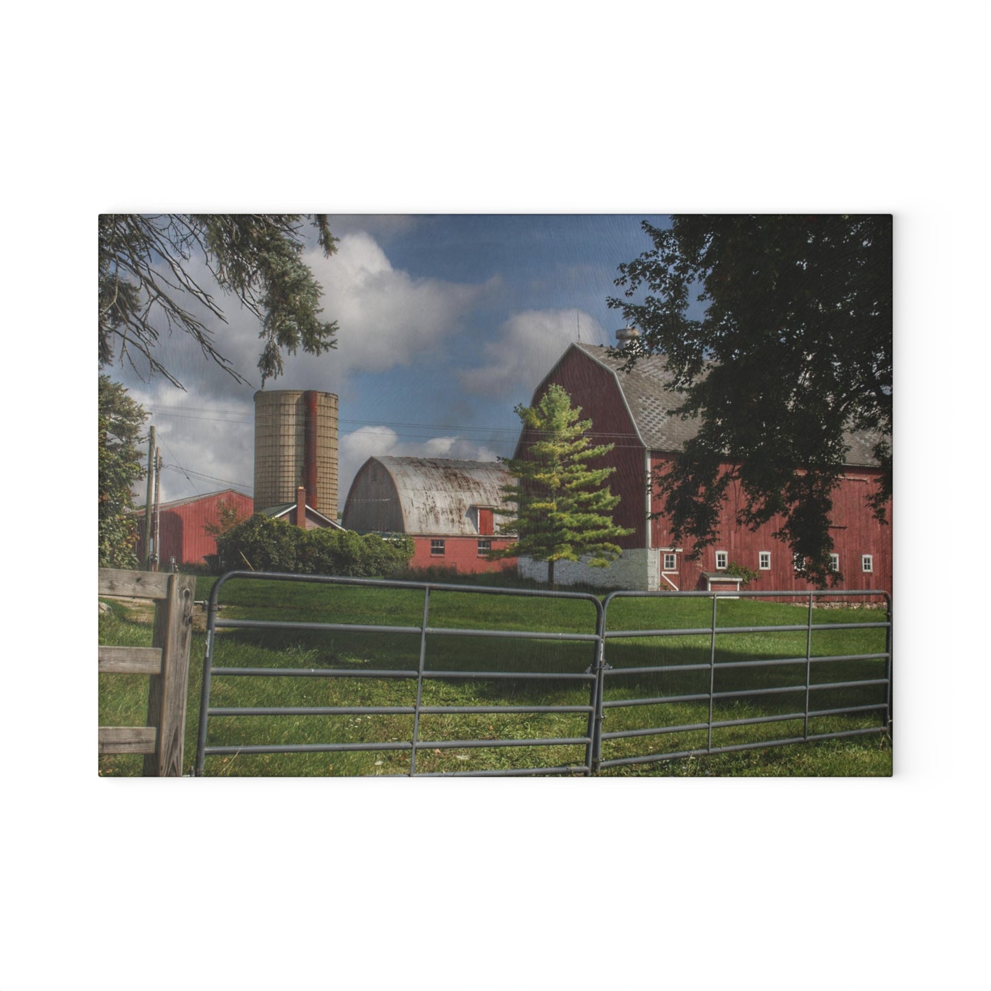 U R There Photography Hough Road Reds and Silo Rustic Farmhouse Tempered-Glass Cutting Board