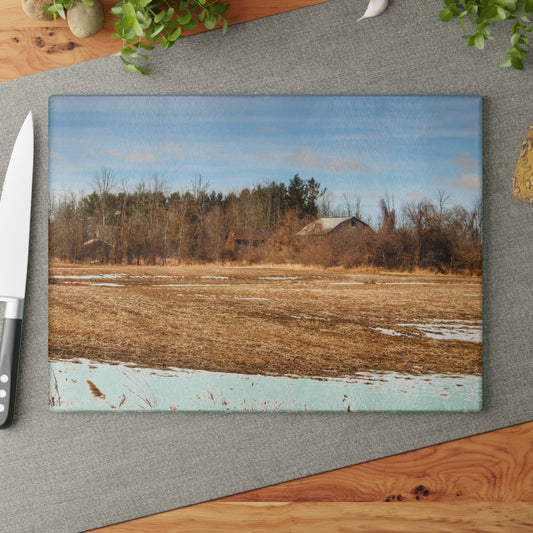 U R There Photography North Hunt Road Farm II Rustic Farmhouse Tempered-Glass Cutting Board