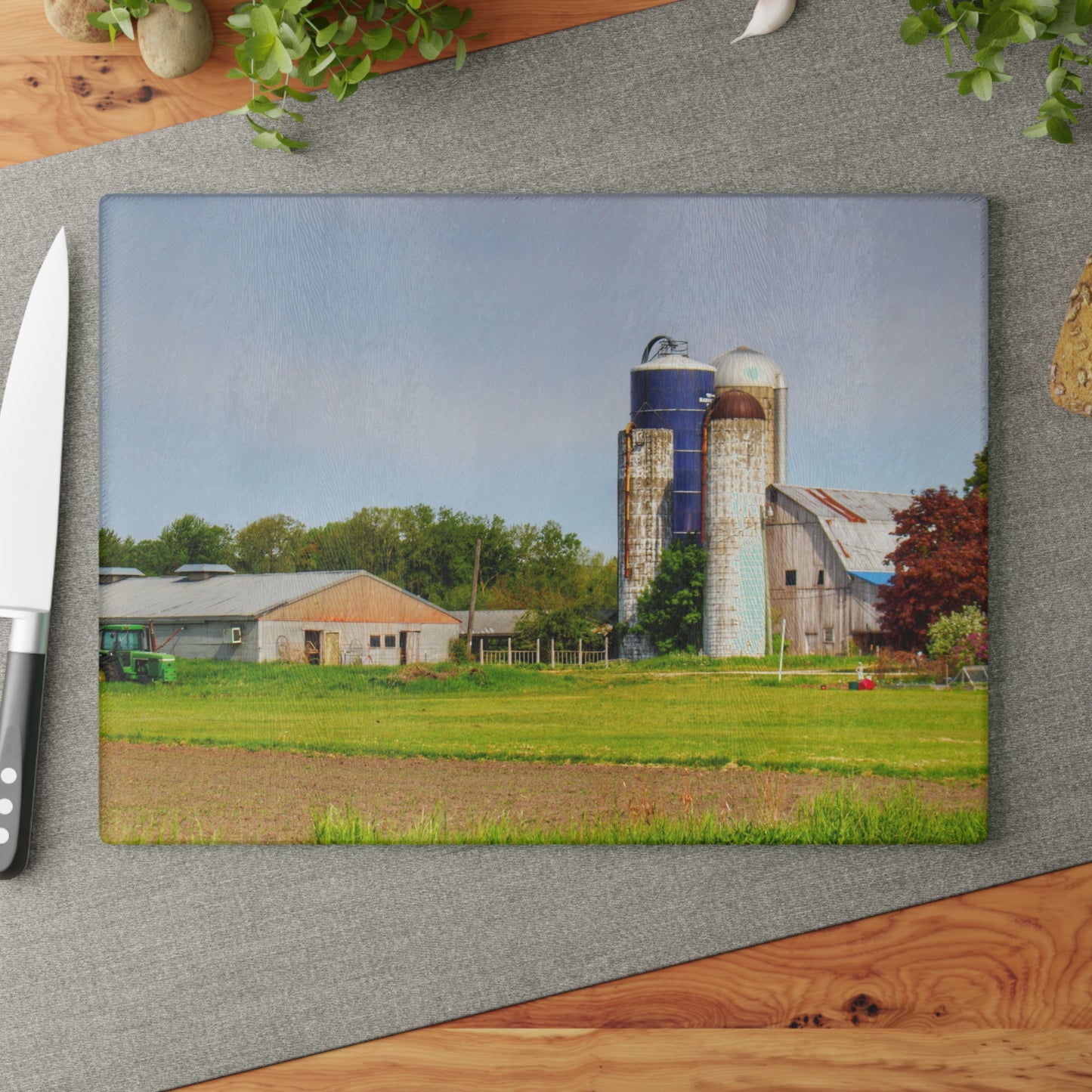U R There Photography M-25 Old Grey and Silos Rustic Farmhouse Tempered-Glass Cutting Board