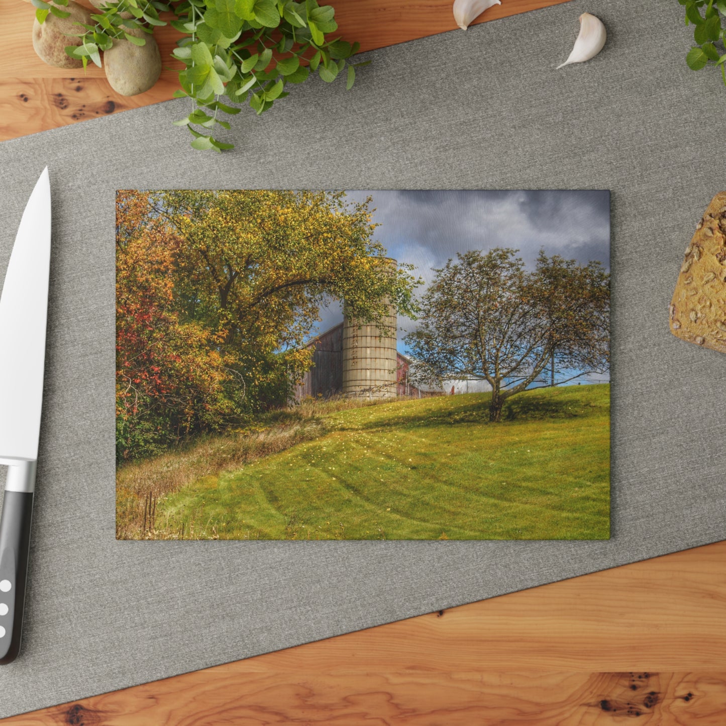 U R There Photography M-24 Hilltop Grey Rustic Farmhouse Tempered-Glass Cutting Board