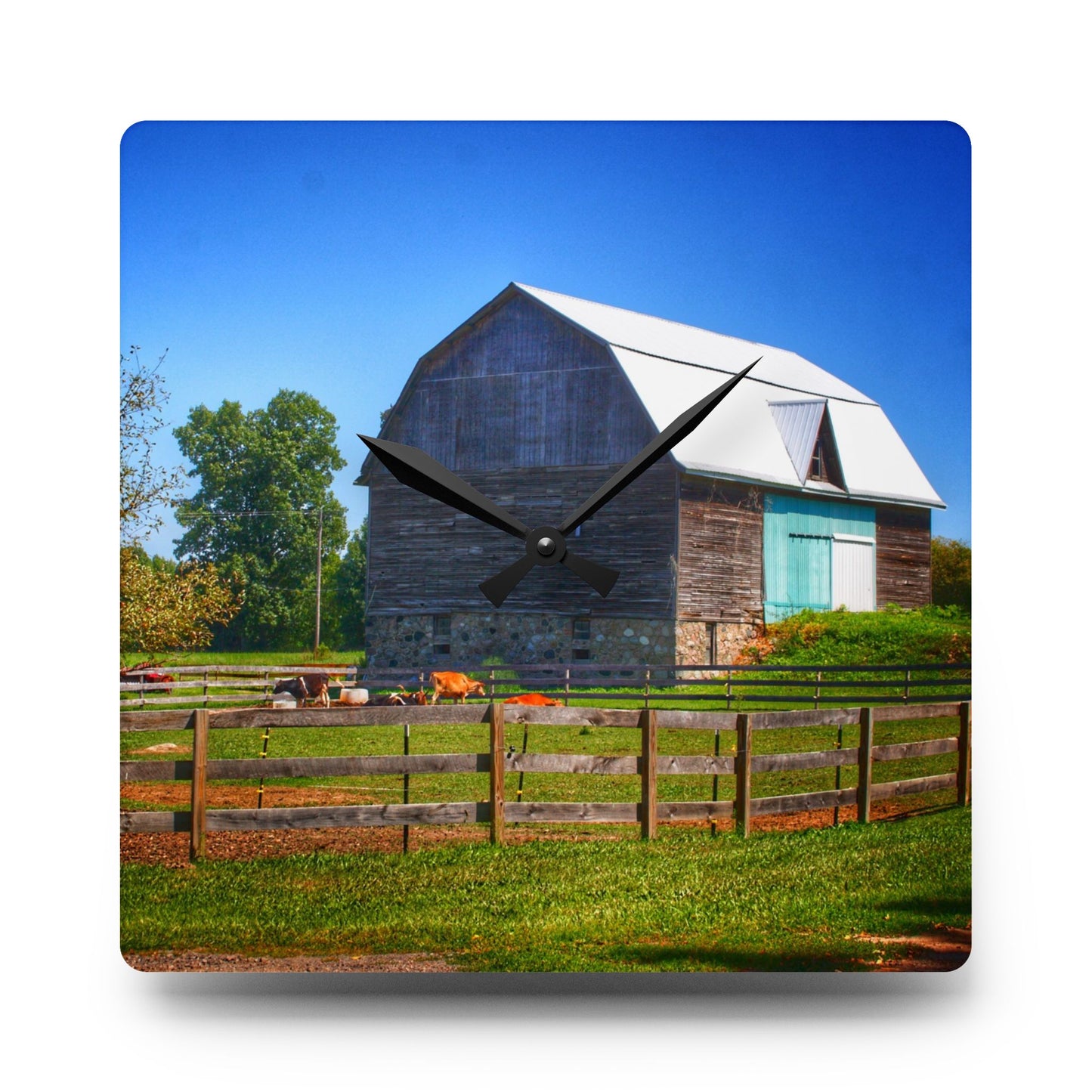 U R There Photography Harris Road Fieldstone Grey Rustic Farmhouse Acrylic Analog Wall Clock