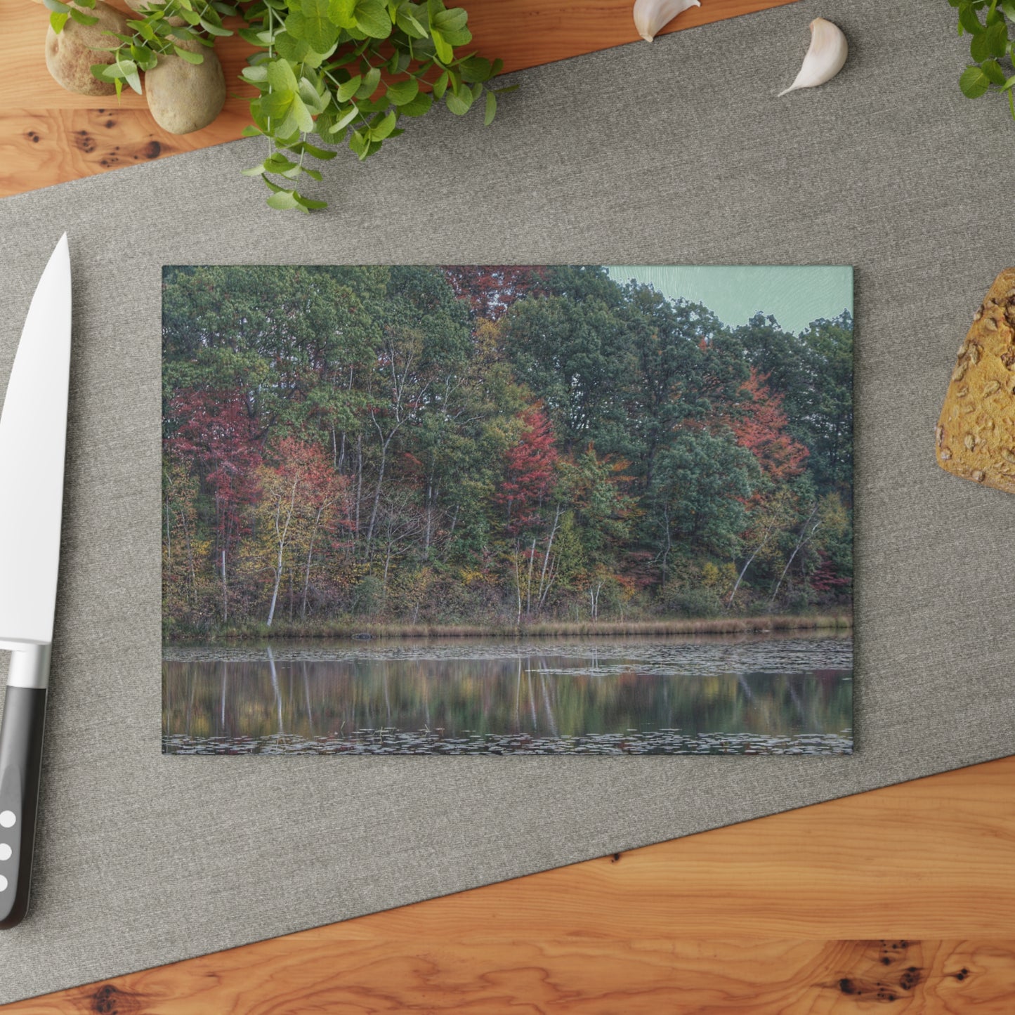 U R There Photography Fall on Murphy Lake IV Rustic Farmhouse Tempered-Glass Cutting Board