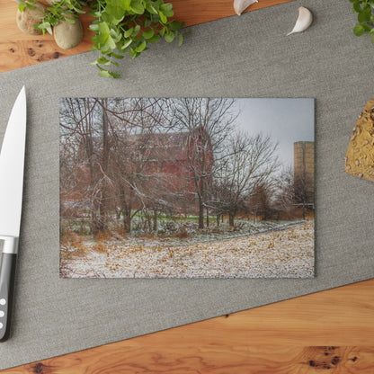 U R There Photography Hough Road Hidden Winter Red II Rustic Farmhouse Tempered-Glass Cutting Board
