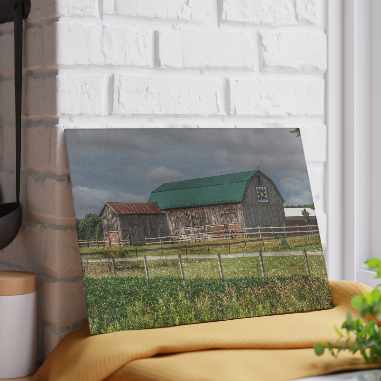 U R There Photography West Millington Road Grey Quilt Rustic Farmhouse Tempered-Glass Cutting Board