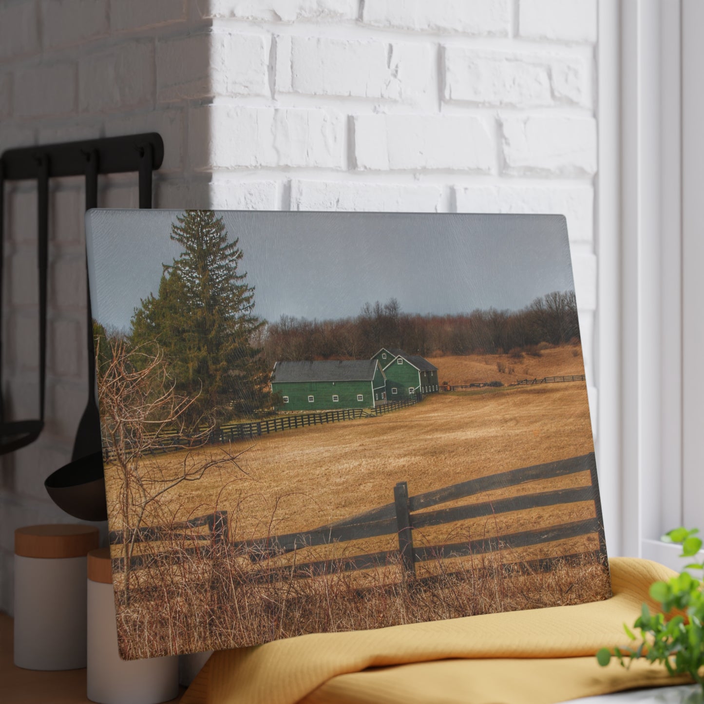 U R There Photography Green Barns and Broken Fences Rustic Farmhouse Tempered-Glass Cutting Board