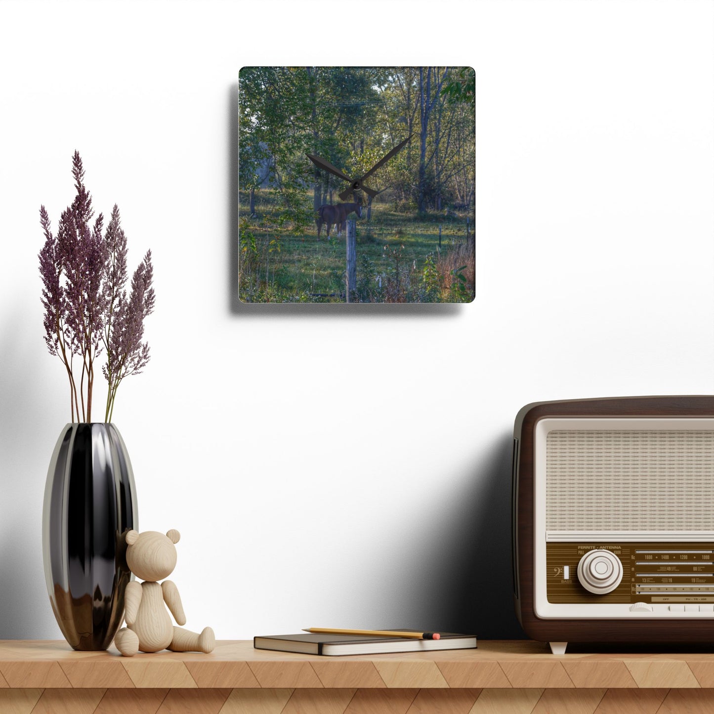 U R There Photography Chestnut Horse Among the Trees Rustic Farmhouse Acrylic Analog Wall Clock