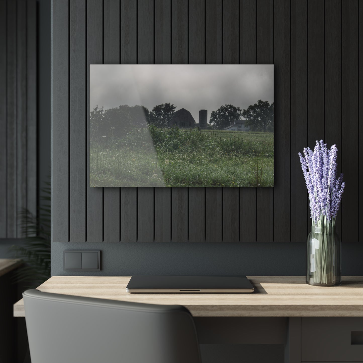 U R There Photography Hill Road Grey in the Fog Rustic Farmhouse Acrylic Wall Print