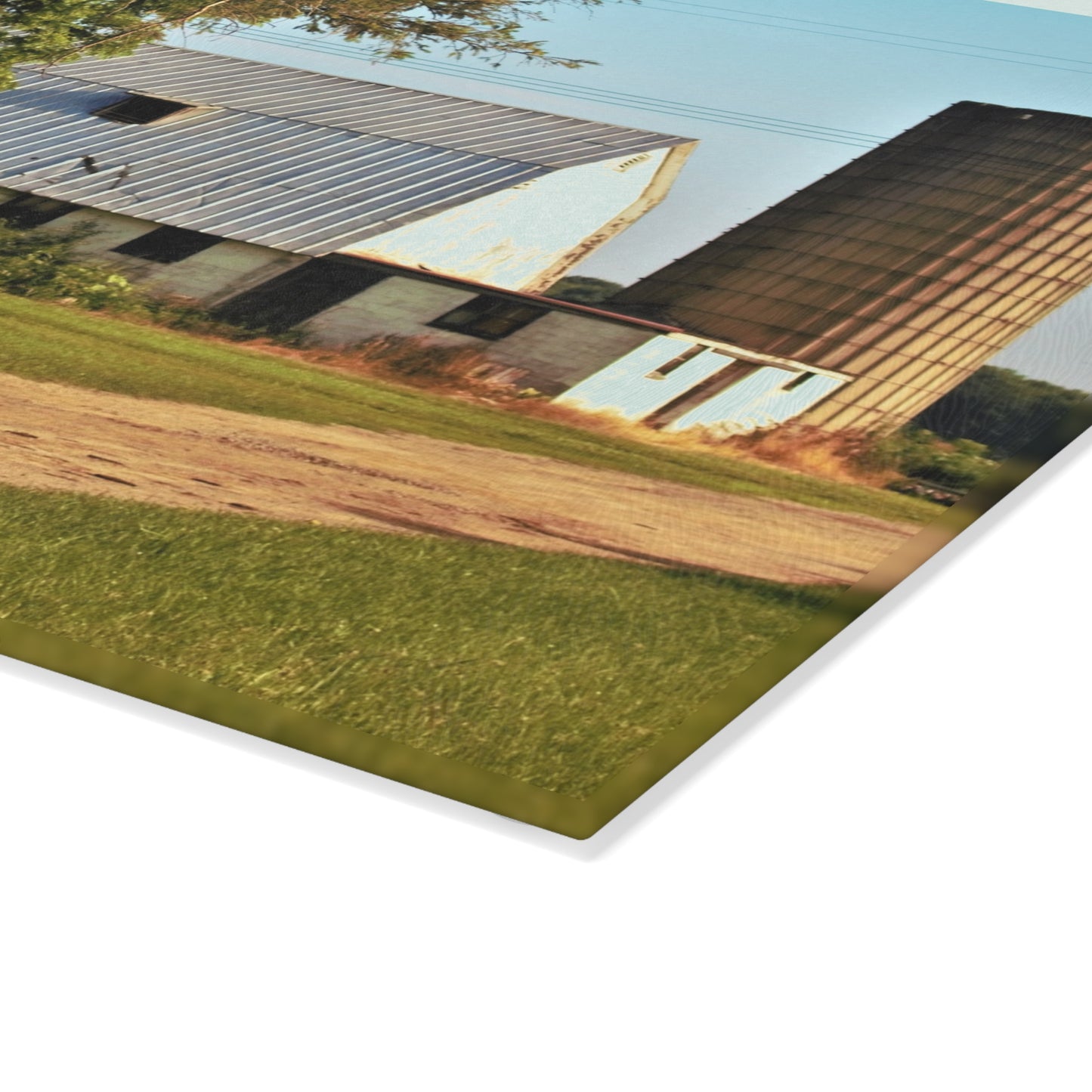 U R There Photography White Barn and Silo Rustic Farmhouse Tempered-Glass Cutting Board