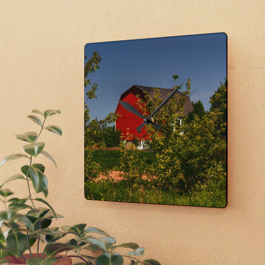 U R There Photography Beyond the Bushes Red Rustic Farmhouse Acrylic Analog Wall Clock