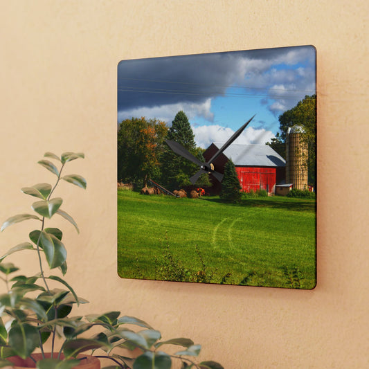 U R There Photography Columbiaville Road Red II Rustic Farmhouse Acrylic Analog Wall Clock