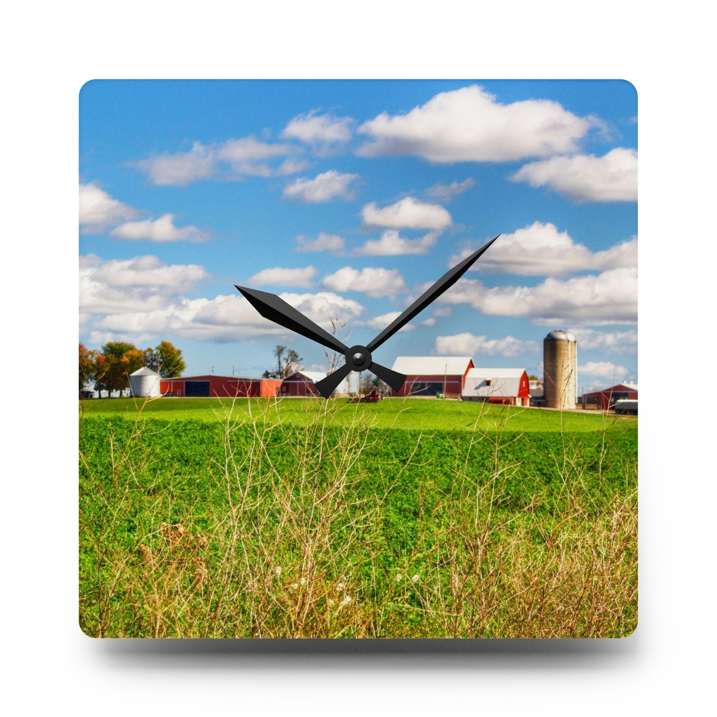 U R There Photography Pattison Road Farm Across the Field II Rustic Farmhouse Acrylic Analog Wall Clock