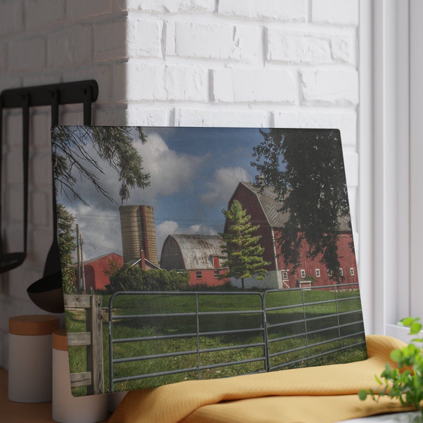 U R There Photography Hough Road Reds and Silo Rustic Farmhouse Tempered-Glass Cutting Board