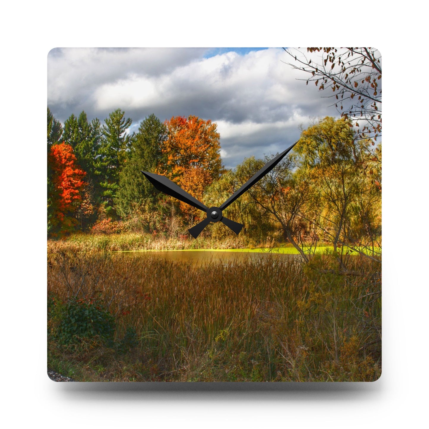U R There Photography Fall Pond on Sutton Road Rustic Farmhouse Acrylic Analog Wall Clock