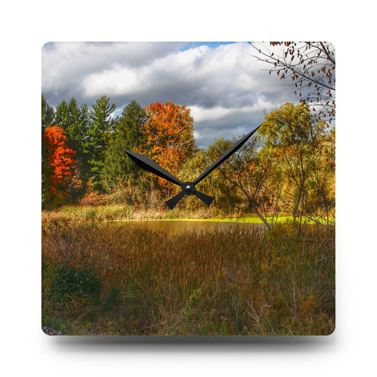 Fall Pond on Sutton Road Rustic Farmhouse Acrylic Analog Wall Clock 10.75'' × 10.75'' (Square)