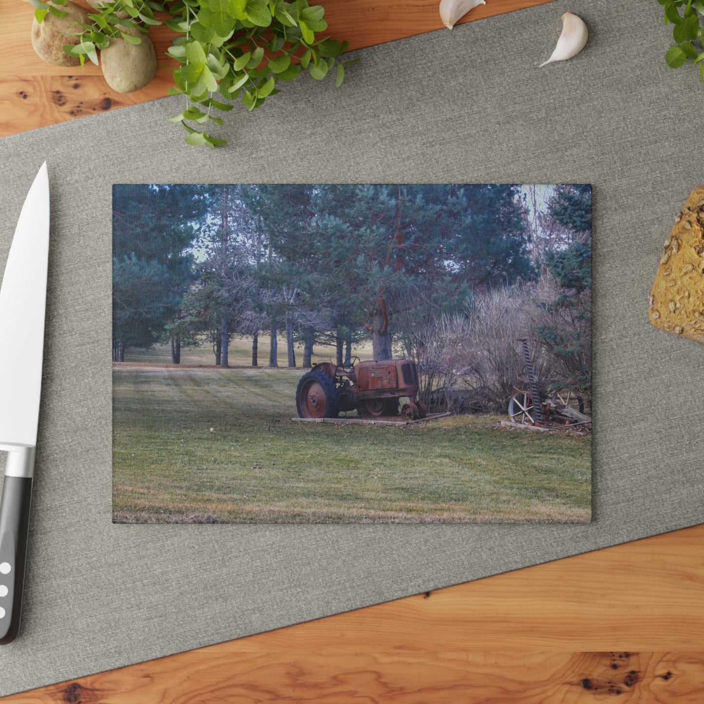 U R There Photography Casey Road Yard Art II Rustic Farmhouse Tempered-Glass Cutting Board