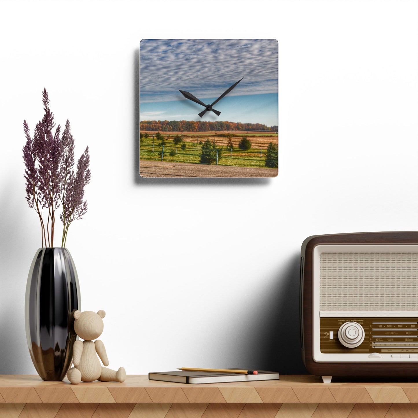 U R There Photography Fences, Firs and Fall Rustic Farmhouse Acrylic Analog Wall Clock