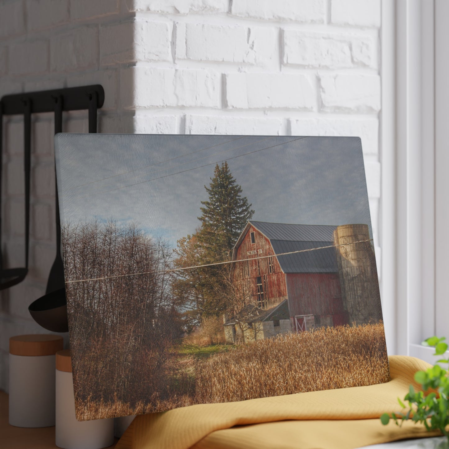 U R There Photography Otter Lake Road Red I Rustic Farmhouse Tempered-Glass Cutting Board