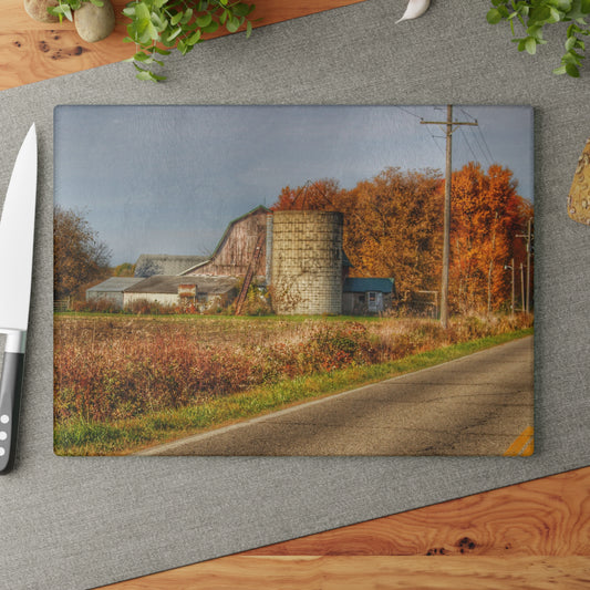 U R There Photography Plumb Creek Road Red in Fall II Rustic Farmhouse Tempered-Glass Cutting Board