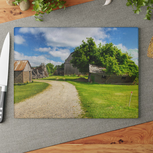 U R There Photography Brown City Road Barn and Buddy II Rustic Farmhouse Tempered-Glass Cutting Board