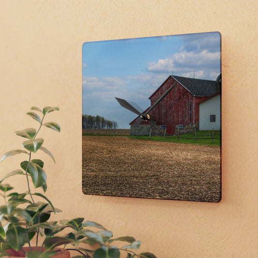 U R There Photography Cedar Creek Road Saltbox Red Rustic Farmhouse Acrylic Analog Wall Clock