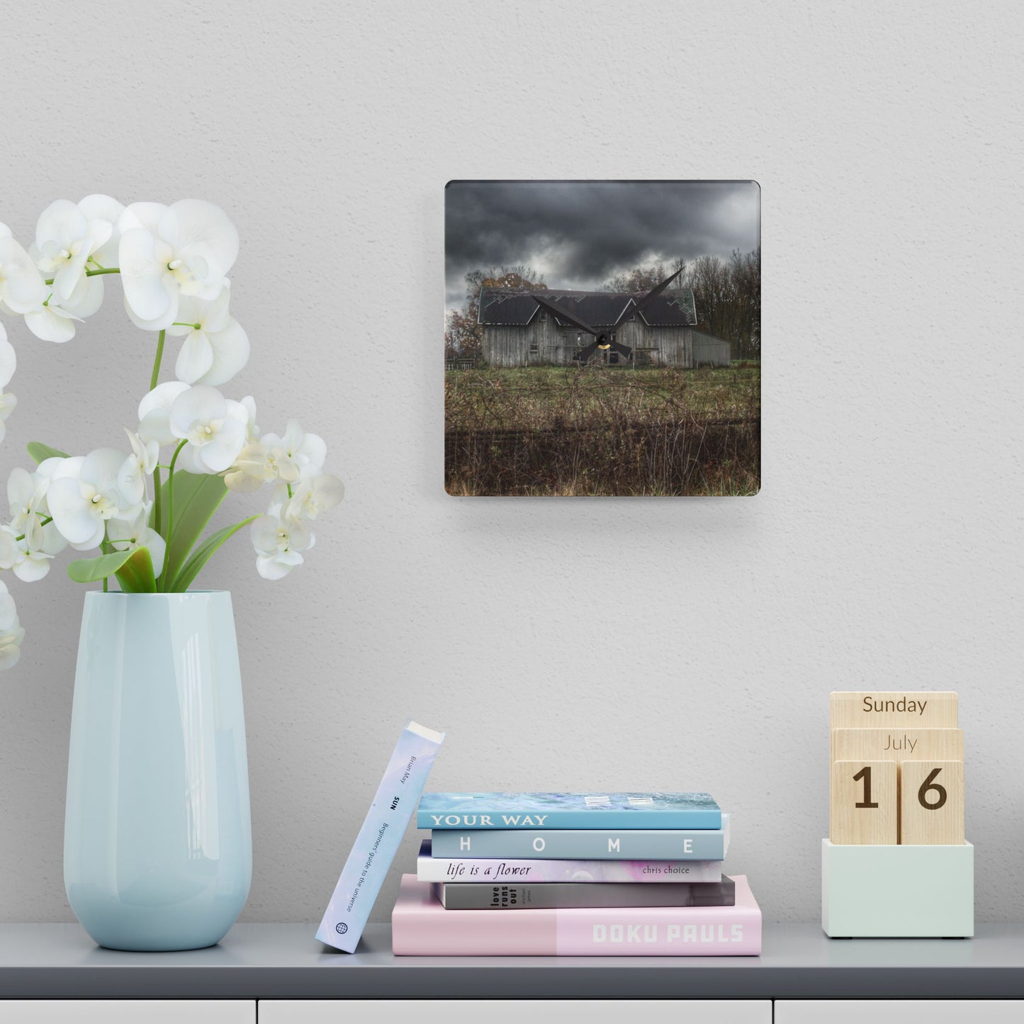 U R There Photography Green Road Grey Rustic Farmhouse Acrylic Analog Wall Clock