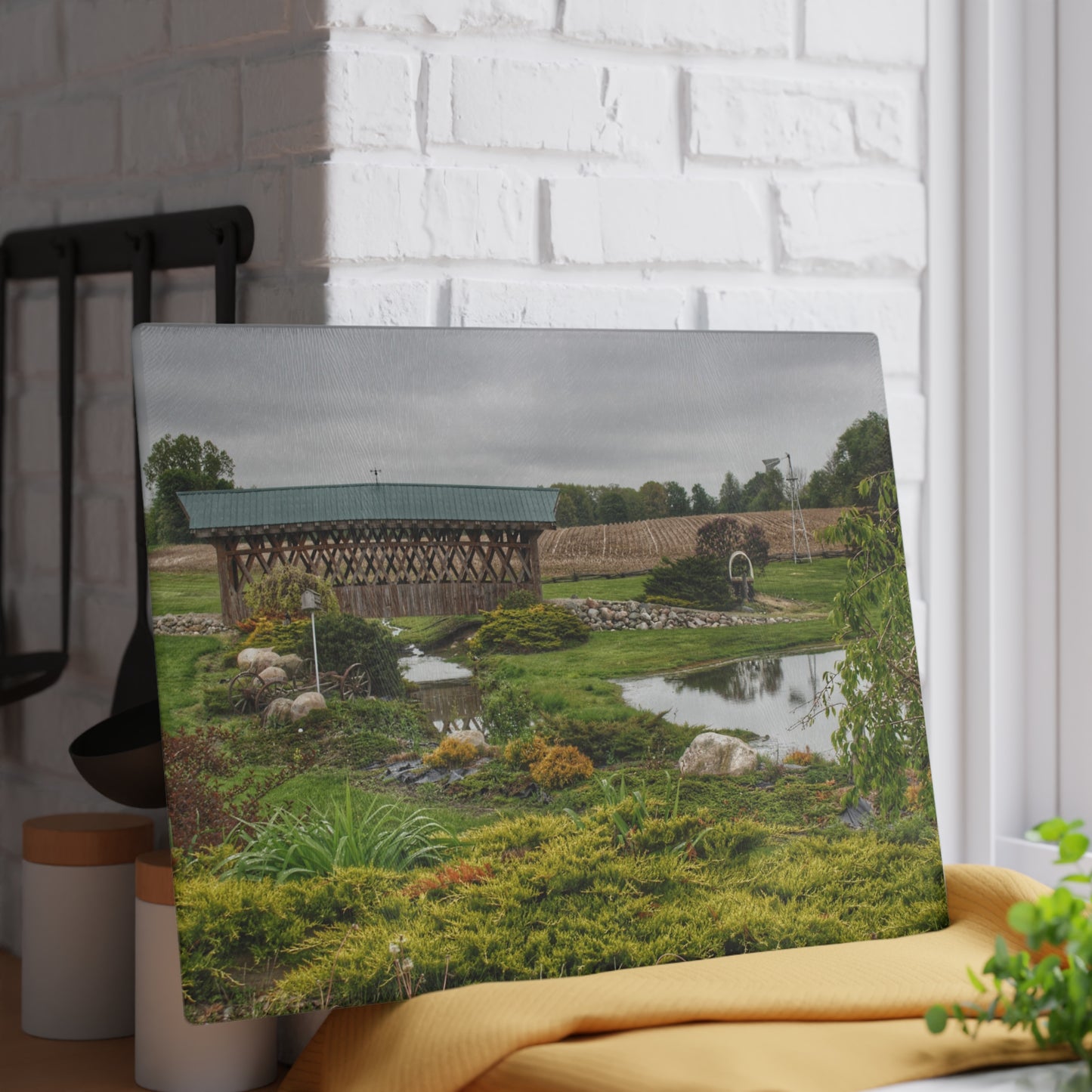 U R There Photography Bridge of Summer Road II Rustic Farmhouse Tempered-Glass Cutting Board 8"x 11"