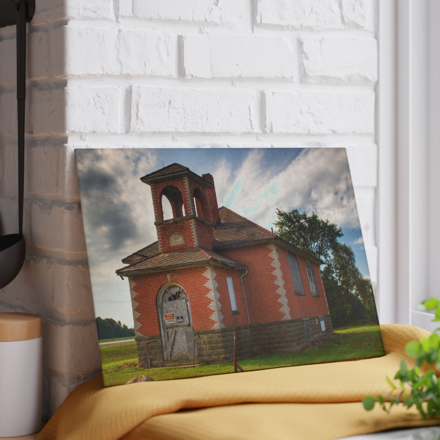 U R There Photography North Grove Road Schoolhouse I Rustic Farmhouse Tempered-Glass Cutting Board