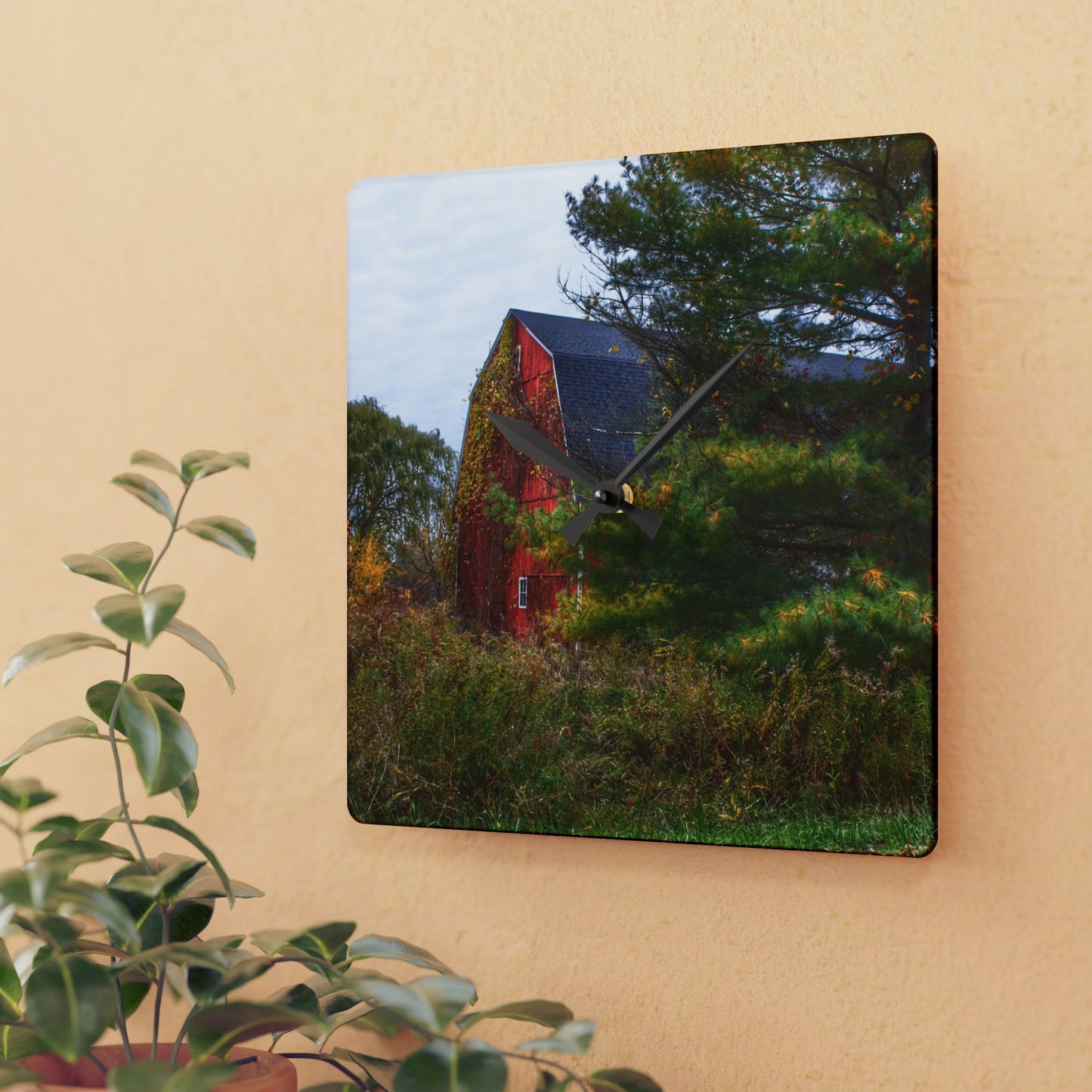 U R There Photography Green Corners Road Hidden Red Rustic Farmhouse Acrylic Analog Wall Clock