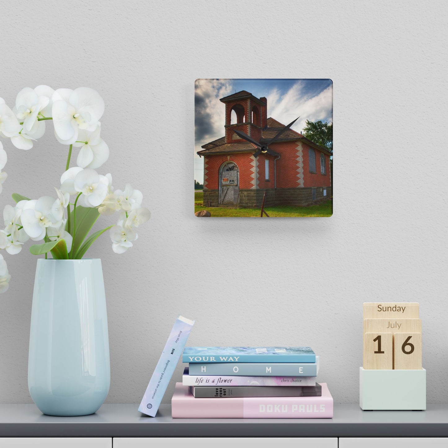 U R There Photography North Grove Road Schoolhouse I Rustic Farmhouse Acrylic Analog Wall Clock