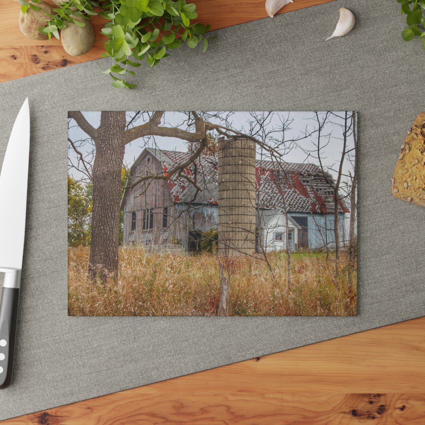 U R There Photography Hill Road Roadside Grey II Rustic Farmhouse Tempered-Glass Cutting Board
