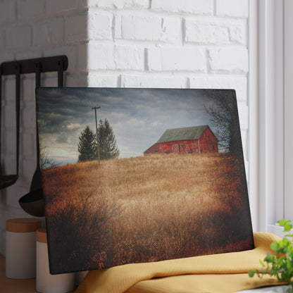 U R There Photography Grey Road Hillside Red II Rustic Farmhouse Tempered-Glass Cutting Board