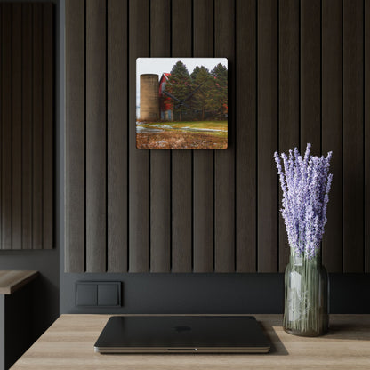 U R There Photography Laur Road Red Among the Pines III Rustic Farmhouse Acrylic Analog Wall Clock