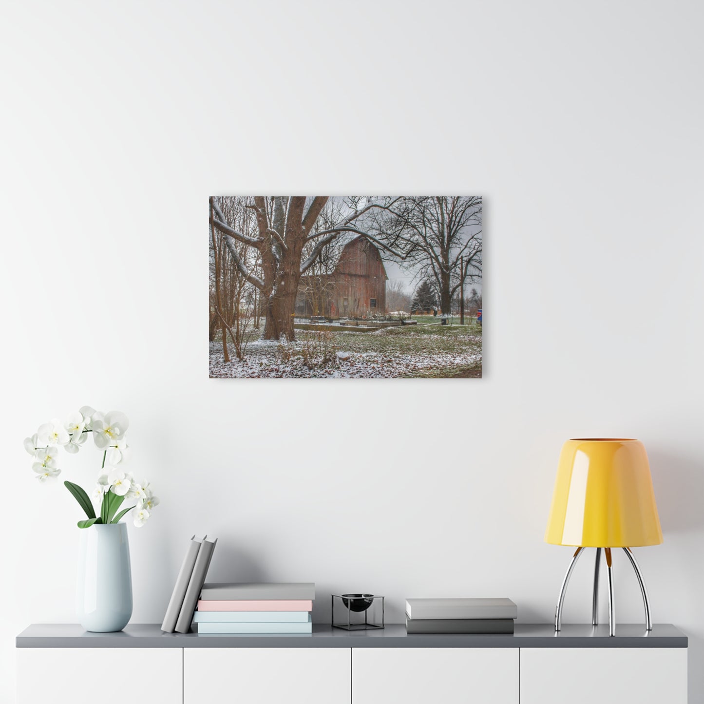 U R There Photography Bishop Road Winter Red Rustic Farmhouse Acrylic Wall Print