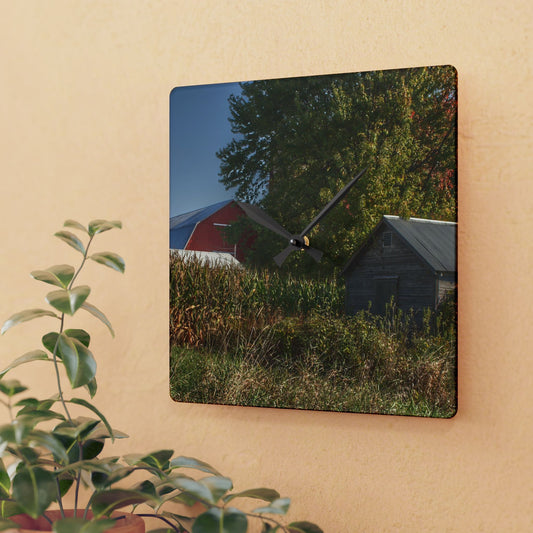U R There Photography Barnes Road Hidden Red and Little Grey Rustic Farmhouse Acrylic Analog Wall Clock