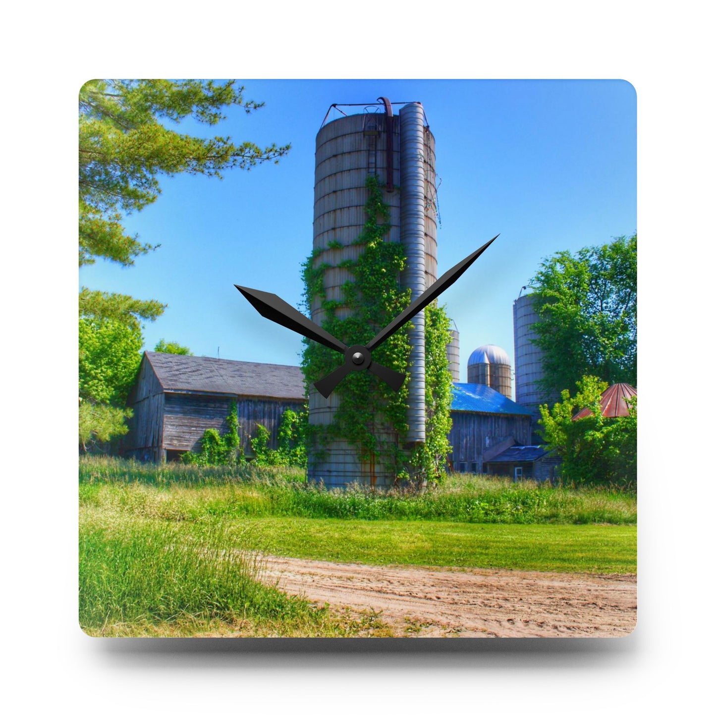 U R There Photography Bordman Road Old Grey and Silo II Rustic Farmhouse Acrylic Analog Wall Clock