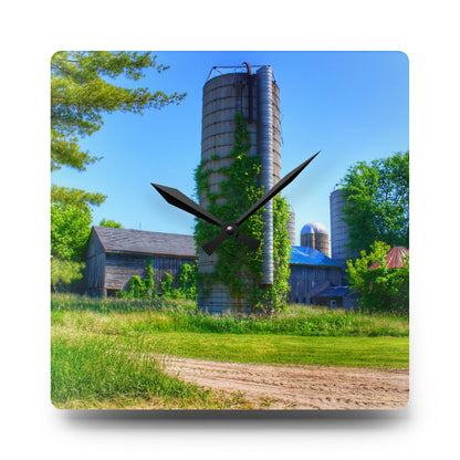 U R There Photography Bordman Road Old Grey and Silo II Rustic Farmhouse Acrylic Analog Wall Clock