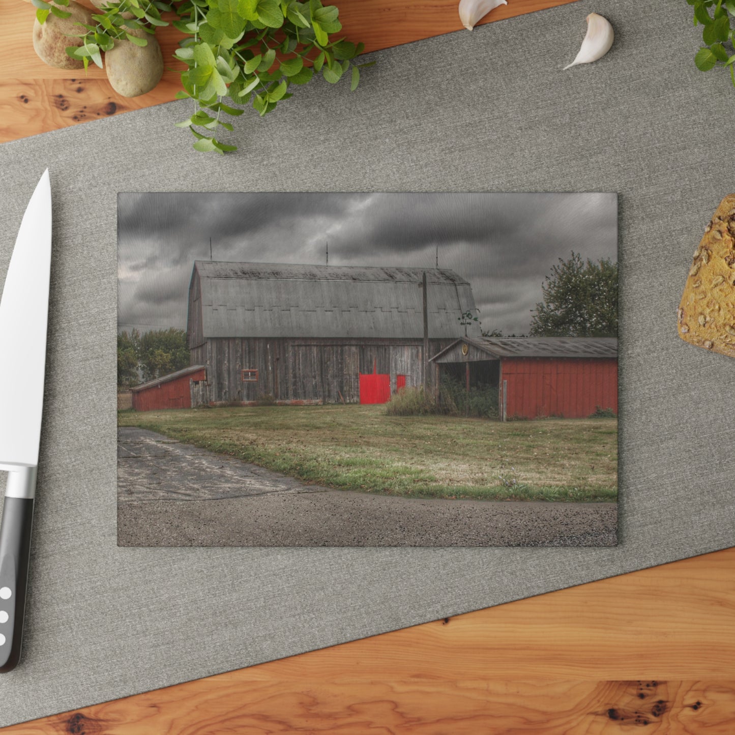 U R There Photography Wadsworth Road Grey Saltbox Rustic Farmhouse Tempered-Glass Cutting Board