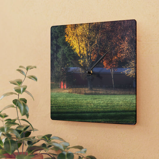 U R There Photography Red Barn on Foggy Fall Morning Rustic Farmhouse Acrylic Analog Wall Clock