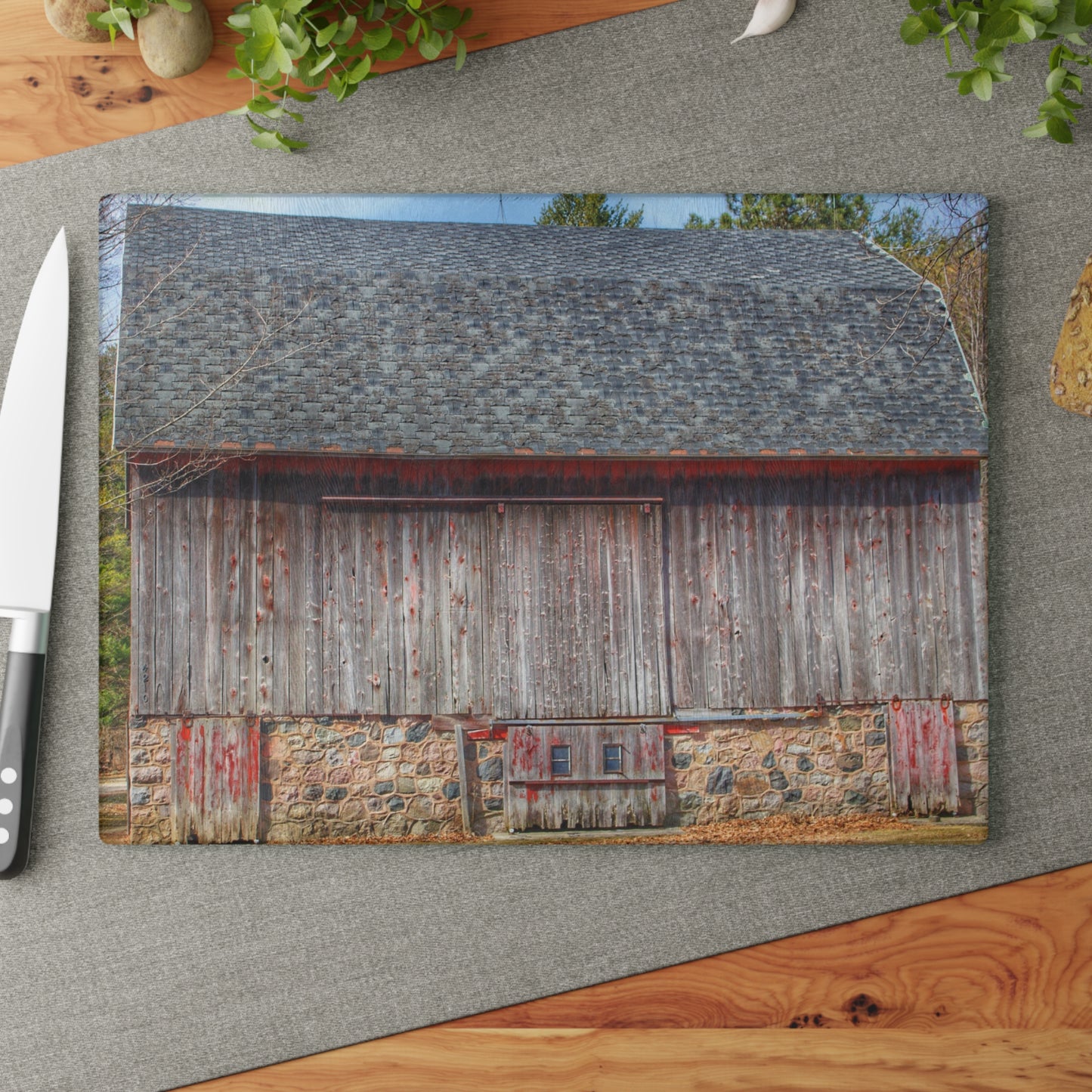 U R There Photography Leix Road Stone Red Rustic Farmhouse Tempered-Glass Cutting Board