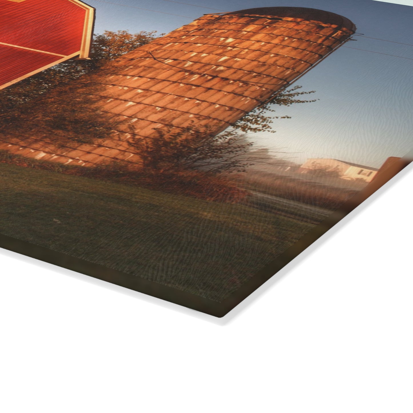 U R There Photography Klam Road Red Meets Foggy Sunrise I Rustic Farmhouse Tempered-Glass Cutting Board