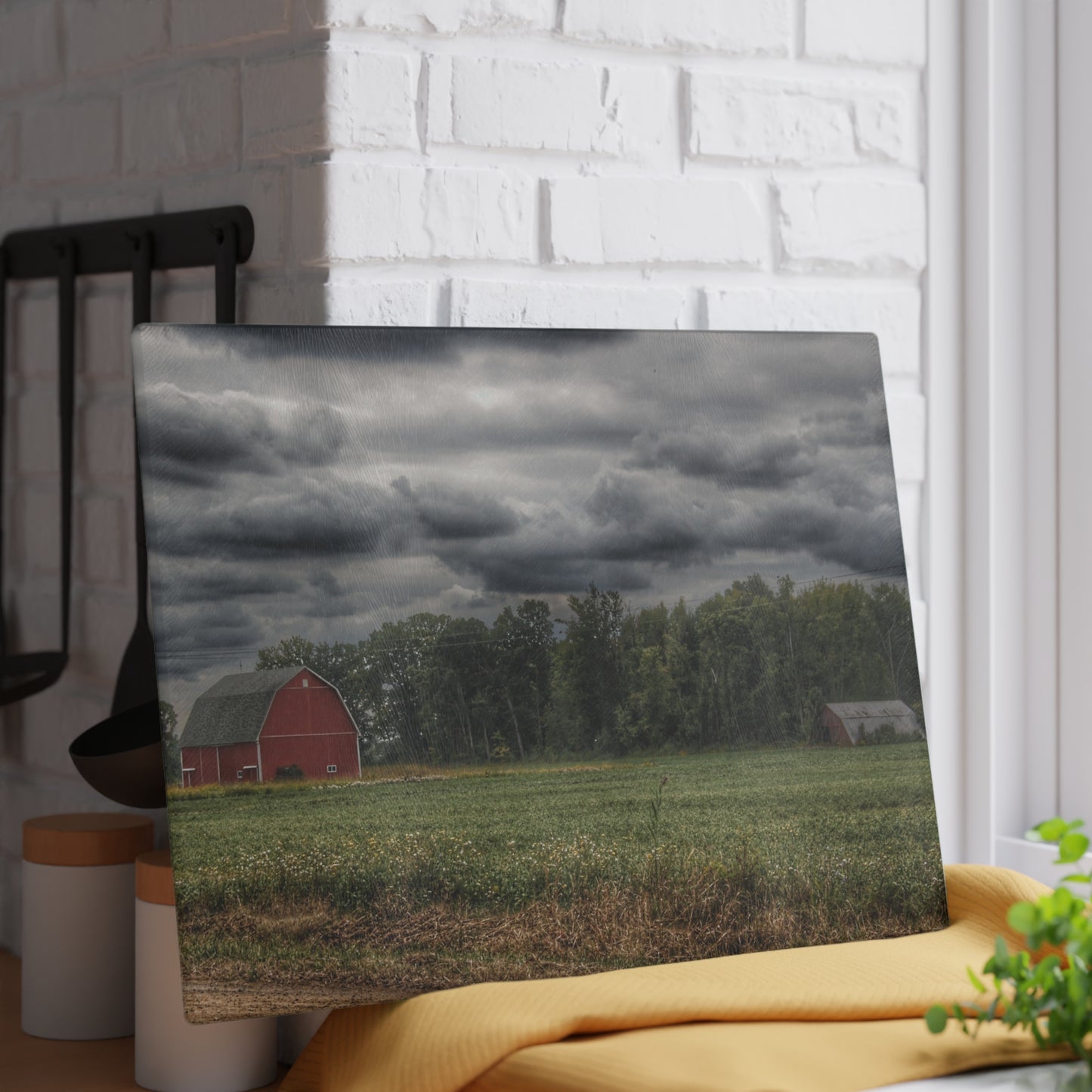 U R There Photography Weyer Road Red and Quonset Rustic Farmhouse Tempered-Glass Cutting Board