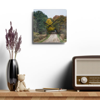 U R There Photography Country Roads in Dryden I Rustic Farmhouse Acrylic Analog Wall Clock