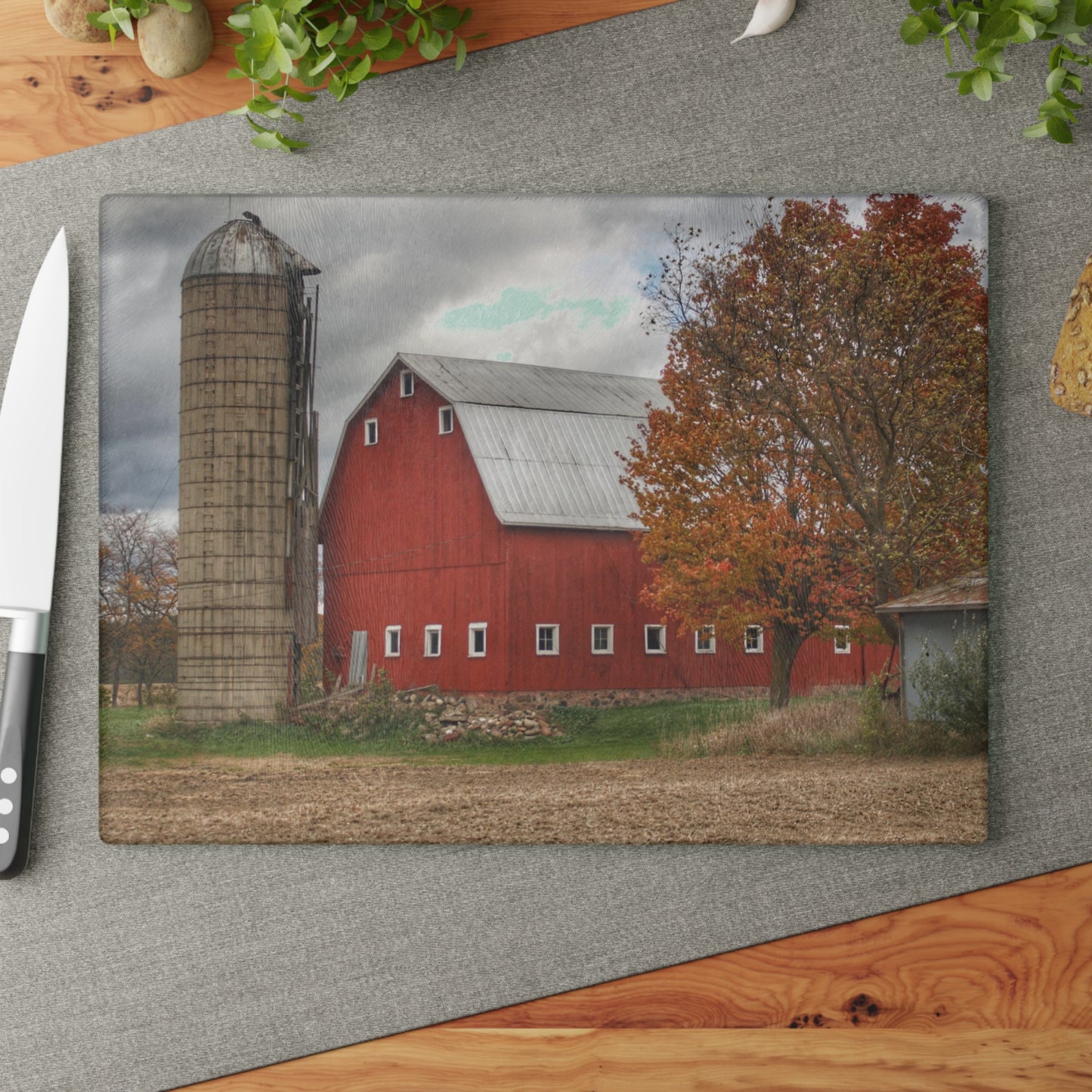 U R There Photography Brigham Road Red Rustic Farmhouse Tempered-Glass Cutting Board 8"x 11"