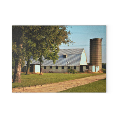 U R There Photography White Barn and Silo Rustic Farmhouse Tempered-Glass Cutting Board
